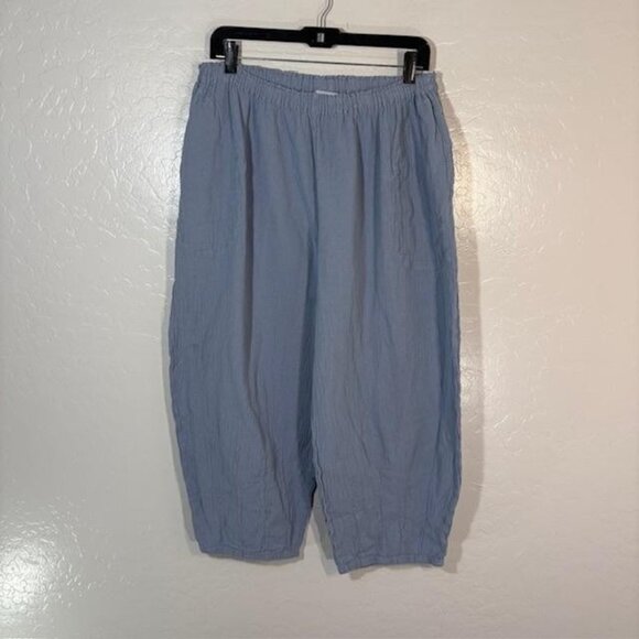Oh My Gauze Pants Womens 3 Light Blue Crinkle Cotton Elastic Waist Cropped Capri - Picture 1 of 8